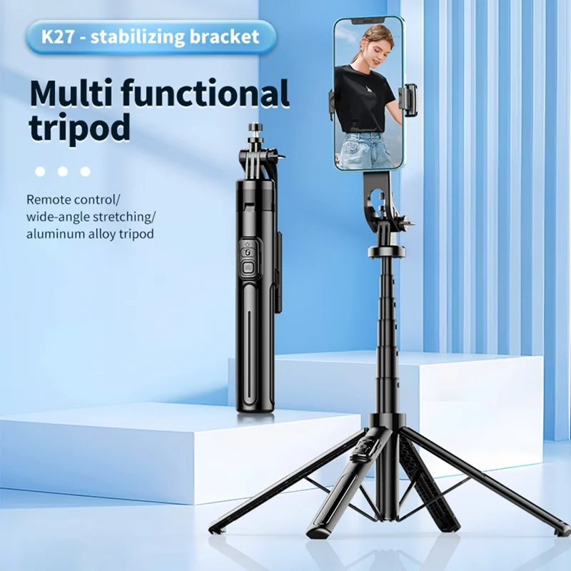 K27 Bluetooth-Compatible Selfie Stick Phone Extendable Live Streaming 4-Leg Stand with 2 Fill Lights - Black