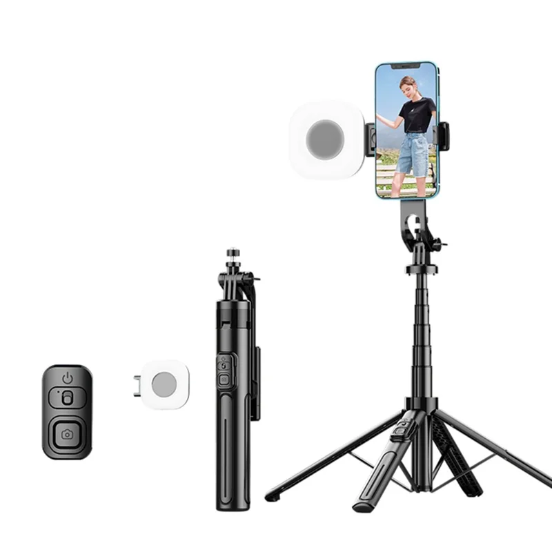 K27 Bluetooth-Compatible Selfie Stick Phone Extendable Live Streaming 4-Leg Stand with 1 Square Fill Light - Black