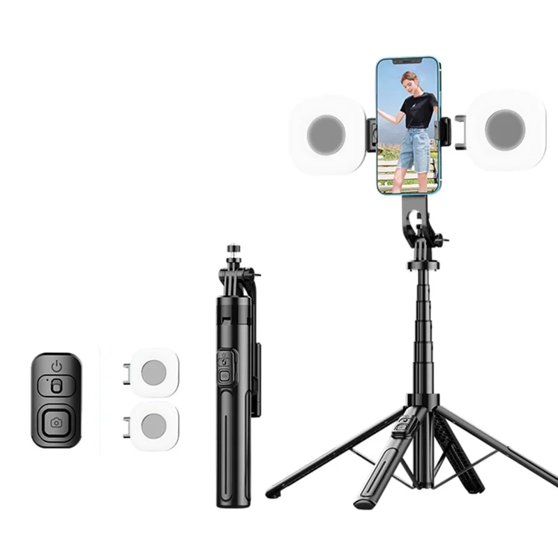 K27 Bluetooth-Compatible Selfie Stick Phone Extendable Live Streaming 4-Leg Stand with 2 Square Fill Lights - Black