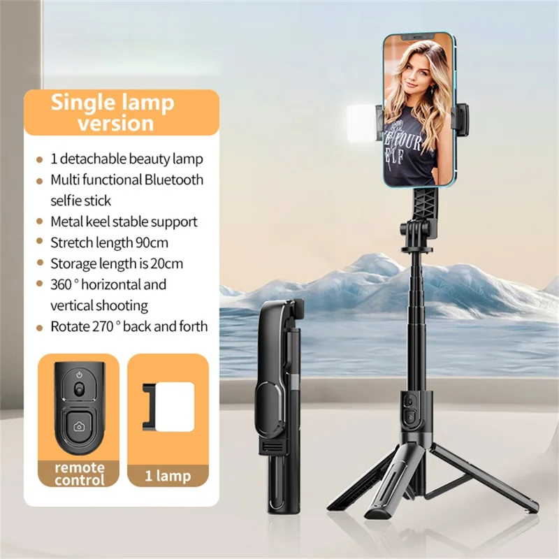 K26 Bluetooth-Compatible Phone Selfie Stick Portable Travel Extendable Live Streaming Tripod with 1 Fill Light - Black