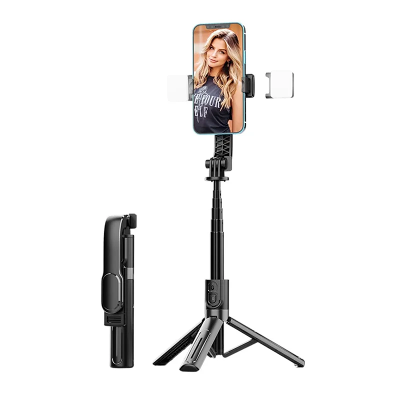 K26 Bluetooth-Compatible Phone Selfie Stick Portable Travel Extendable Live Streaming Tripod with 2 Fill Lights - Black
