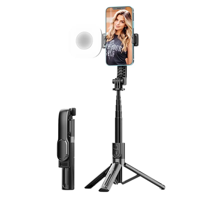 K26 Bluetooth-Compatible Phone Selfie Stick Portable Travel Extendable Tripod with 1 Square Fill Light - Black