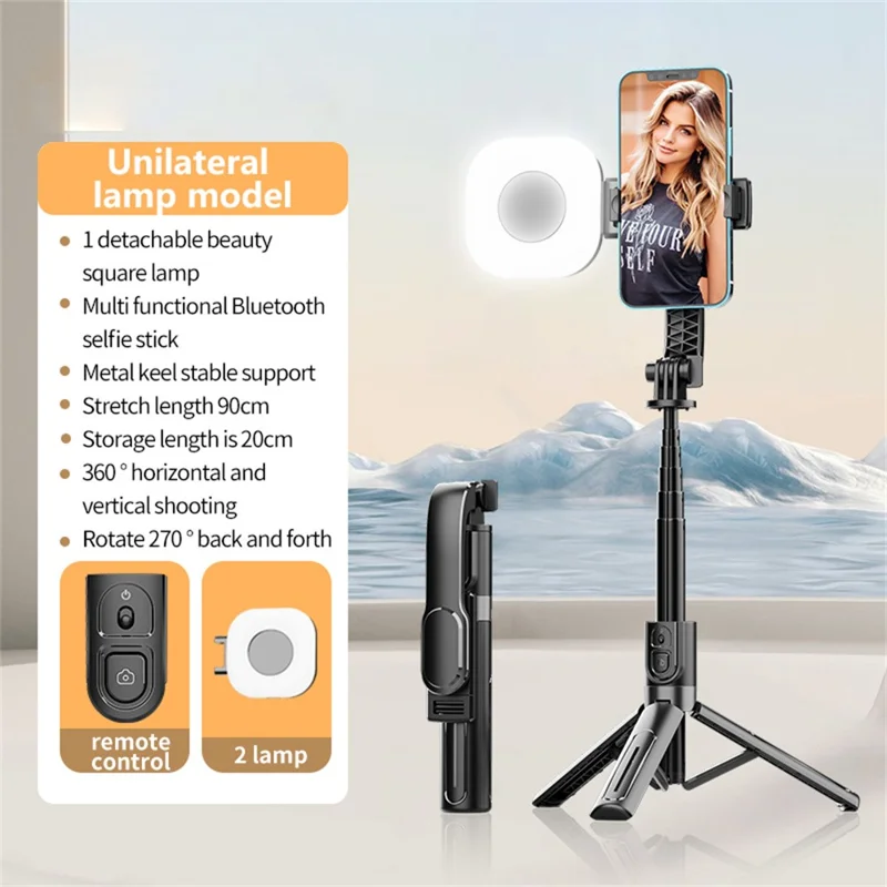 K26 Bluetooth-Compatible Phone Selfie Stick Portable Travel Extendable Tripod with 1 Square Fill Light - Black