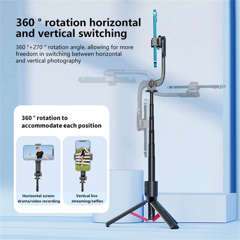 K26 Bluetooth-Compatible Phone Selfie Stick Portable Travel Extendable Tripod with 1 Square Fill Light - Black