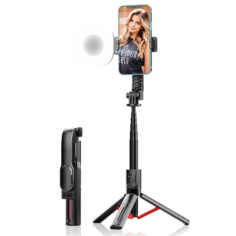 K26 Bluetooth-Compatible Phone Selfie Stick Portable Travel Extendable Tripod with 1 Square Fill Light - Red