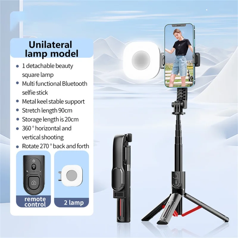 K26 Bluetooth-Compatible Phone Selfie Stick Portable Travel Extendable Tripod with 1 Square Fill Light - Red