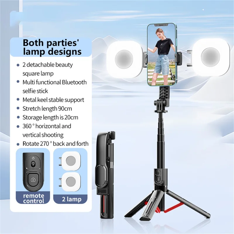 K26 Bluetooth-Compatible Phone Selfie Stick Portable Travel Extendable Tripod with 2 Square Fill Lights - Red
