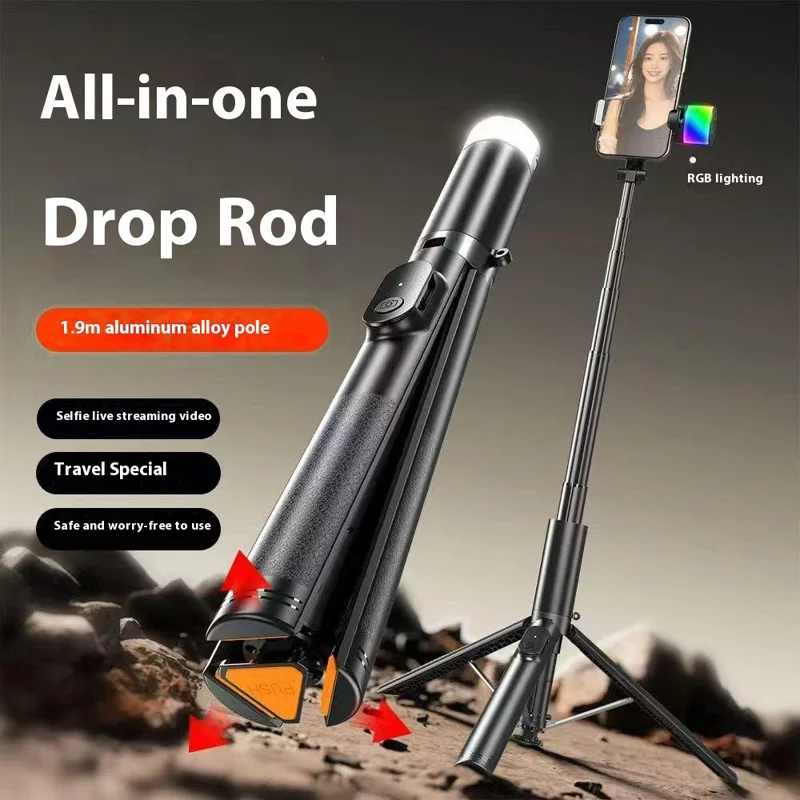 P27-D Portable Selfie Stick Tripod Auto Pop-Up with RGB Beauty Light 1.9m Extendable for Travel Photography