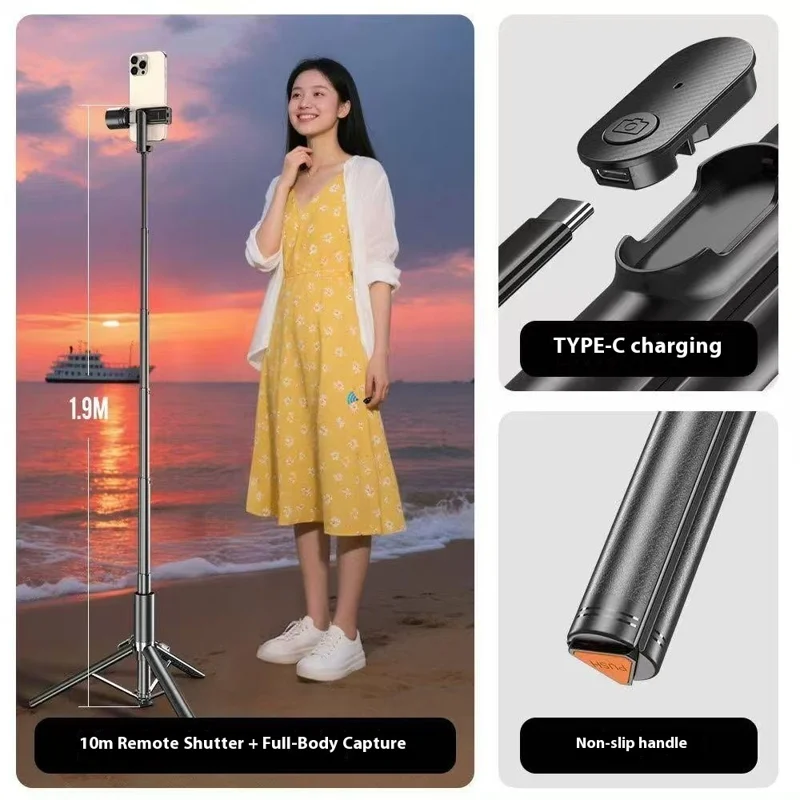 P27-D Portable Selfie Stick Tripod Auto Pop-Up with RGB Beauty Light 1.9m Extendable for Travel Photography