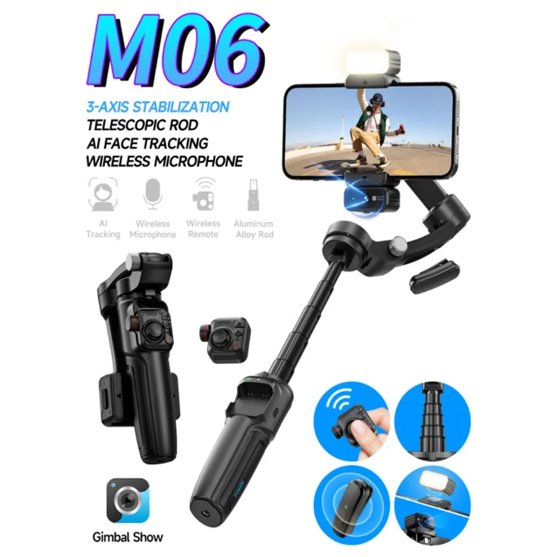 M06 جهاز يدوي مستقر ثلاثي المحاور للهاتف الذكي مع تتبع ذكي للوجه وعصا سيلفي قابلة للتمديد ومزودة بإضاءة مساعدة