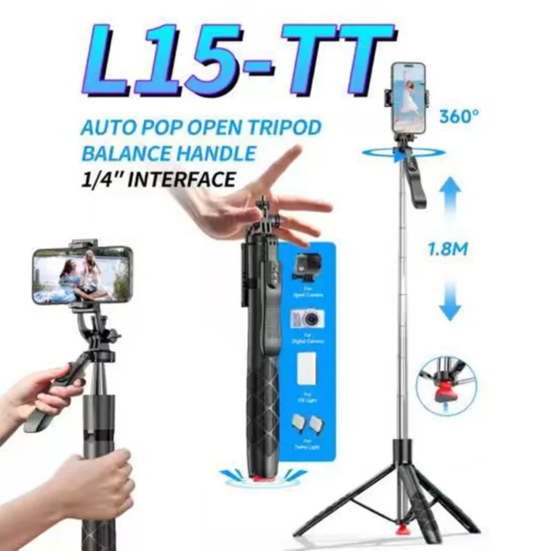 L15TT Auto Pop Up Treppiede Anti Shake Stand a Pavimento in Acciaio Inossidabile Asta Estensibile Selfie Stick