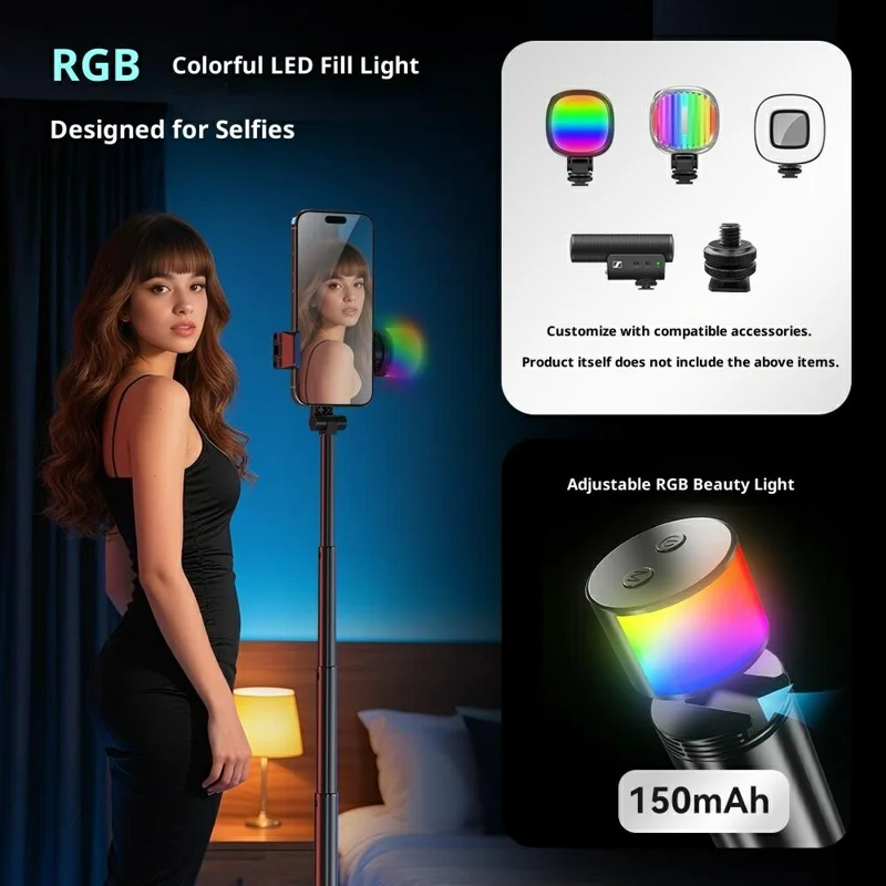 P24-D Portabel telefonstativ med fillbelysning för livesändning, skakningsdämpande, utdragsbar selfiestick – Svart