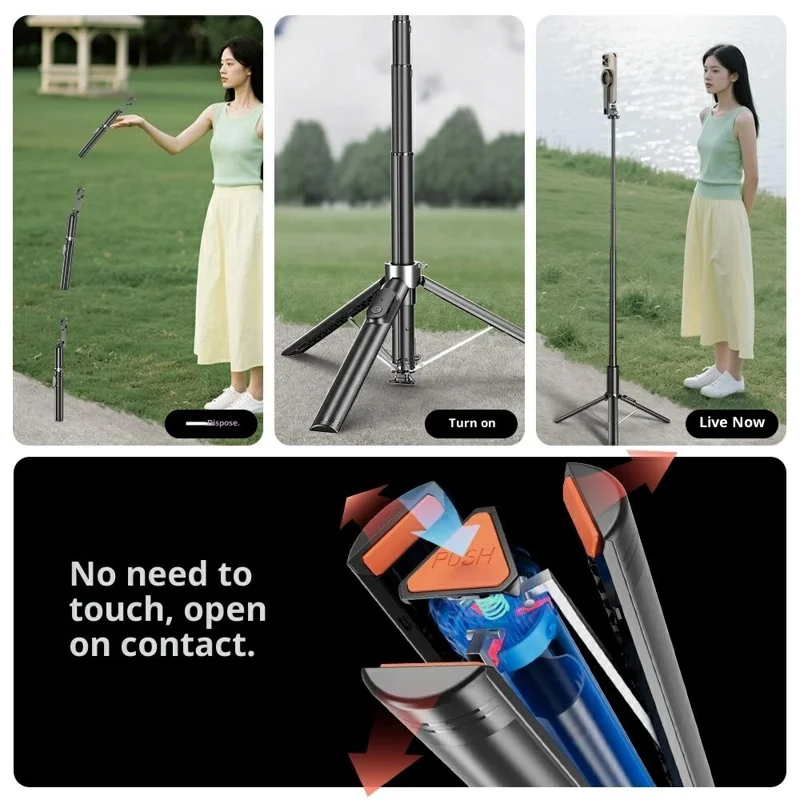 P27-MF Magnetic Selfie Stick Tripod Auto Pop Up Portable Extendable Monopod Bluetooth-Compatible Remote Control - Black