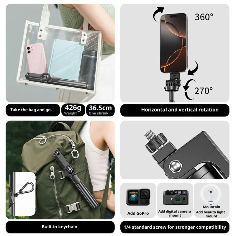 P27-MF Magnetic Selfie Stick Tripod Auto Pop Up Portable Extendable Monopod Bluetooth-Compatible Remote Control - Black