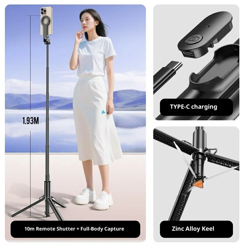 P27-MF Magnetic Selfie Stick Tripod Auto Pop Up Portable Extendable Monopod Bluetooth-Compatible Remote Control - Black