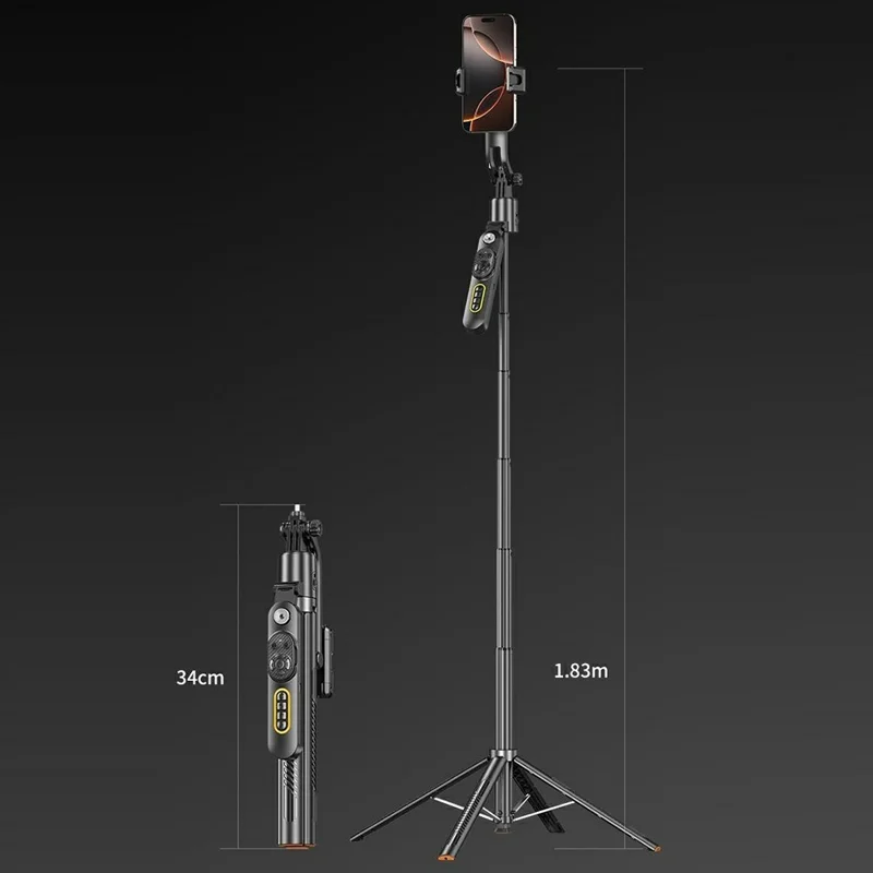 Q625 1,83 m Bluetooth-compatibele vierpotige selfie-stick met AI-tracking en anti-trilfunctie - Zwart