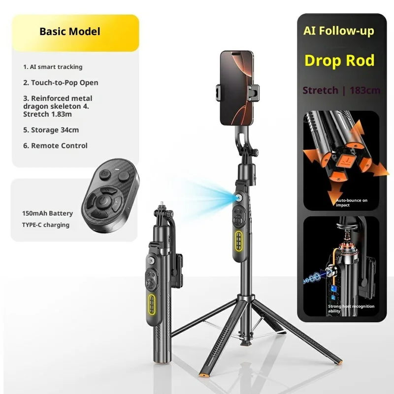 Q625 1,83 m Bluetooth-compatibele vierpotige selfie-stick met AI-tracking en anti-trilfunctie - Zwart