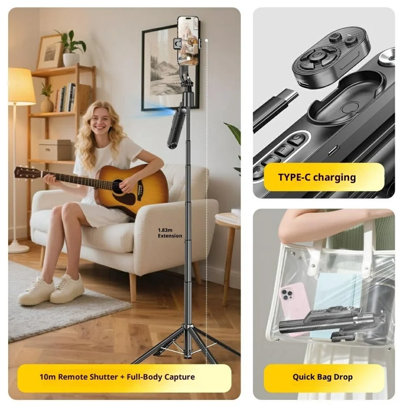 Q625 1,83 m Bluetooth-compatibele vierpotige selfie-stick met AI-tracking en anti-trilfunctie - Zwart