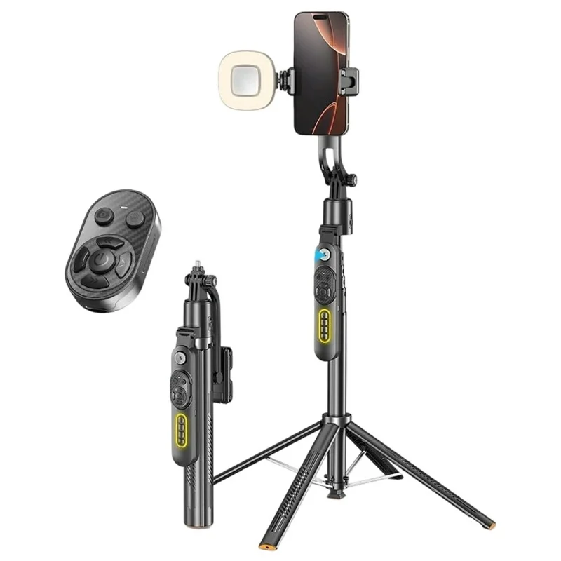 Q625 1.83m Bluetooth-Compatible Quadripod Selfie Stick AI Tracking with H-Shape Fill Light Anti-Shake - Black