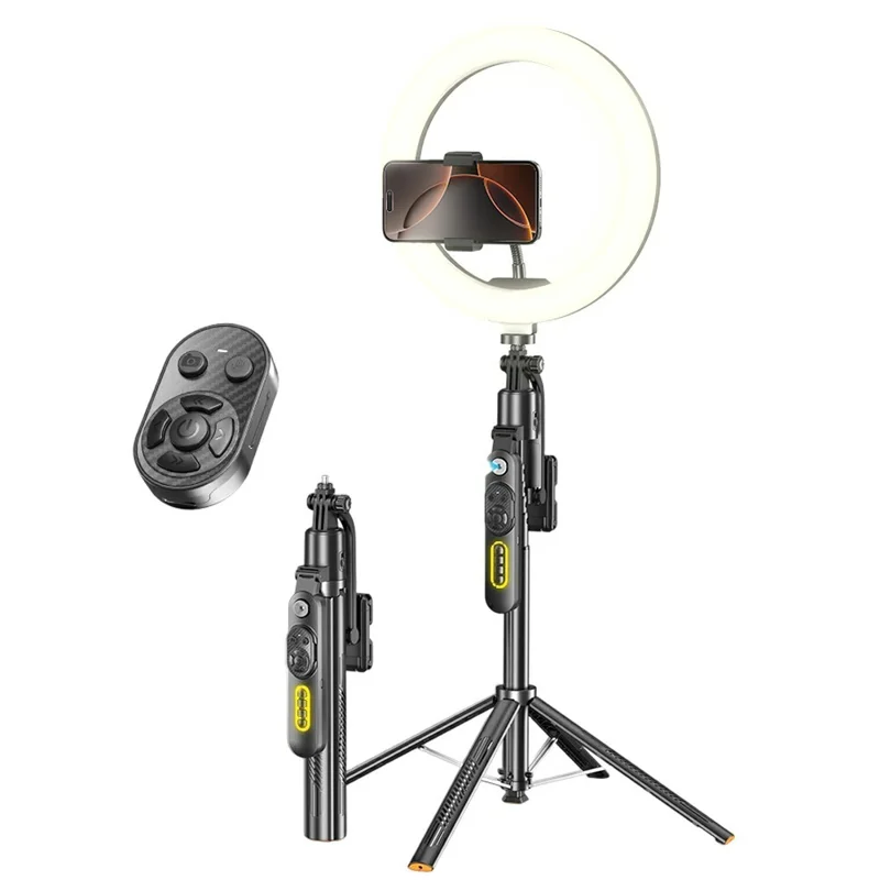 Q625 1.83 متر عصا سيلفي رباعية متوافقة مع بلوتوث تتبع ذكي بالذكاء الاصطناعي مع إضاءة ملء مقاس 10 بوصة مضادة للهزة - أسود