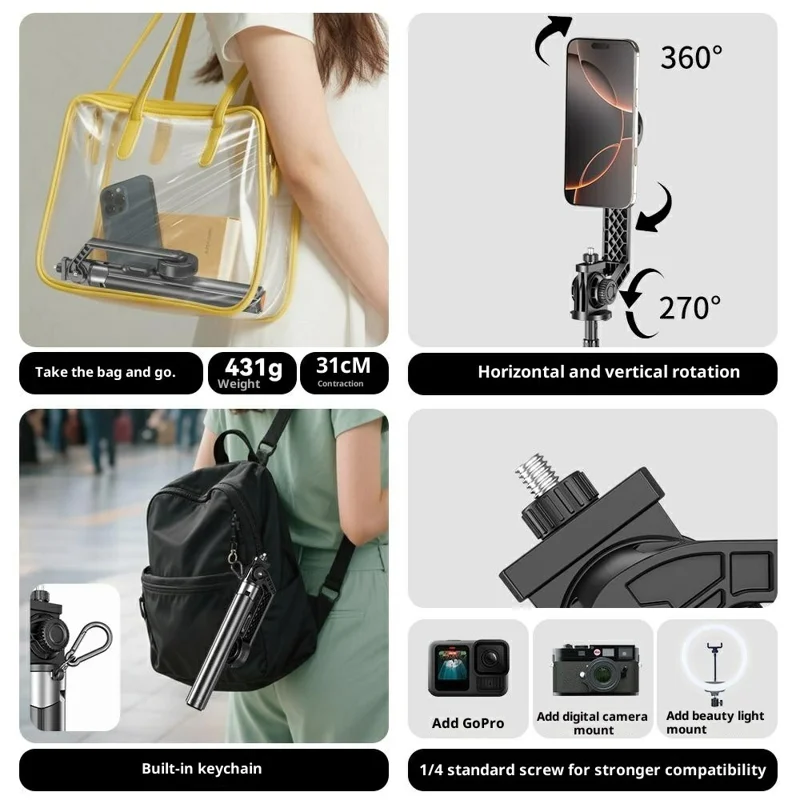 P62 Bluetooth-Compatible Tripod Selfie Stick for Smartphone Live Streaming Electric Suction Cup Extendable Monopod - Black