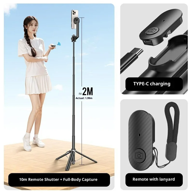 P62 Bluetooth-Compatible Tripod Selfie Stick for Smartphone Live Streaming Electric Suction Cup Extendable Monopod - Black