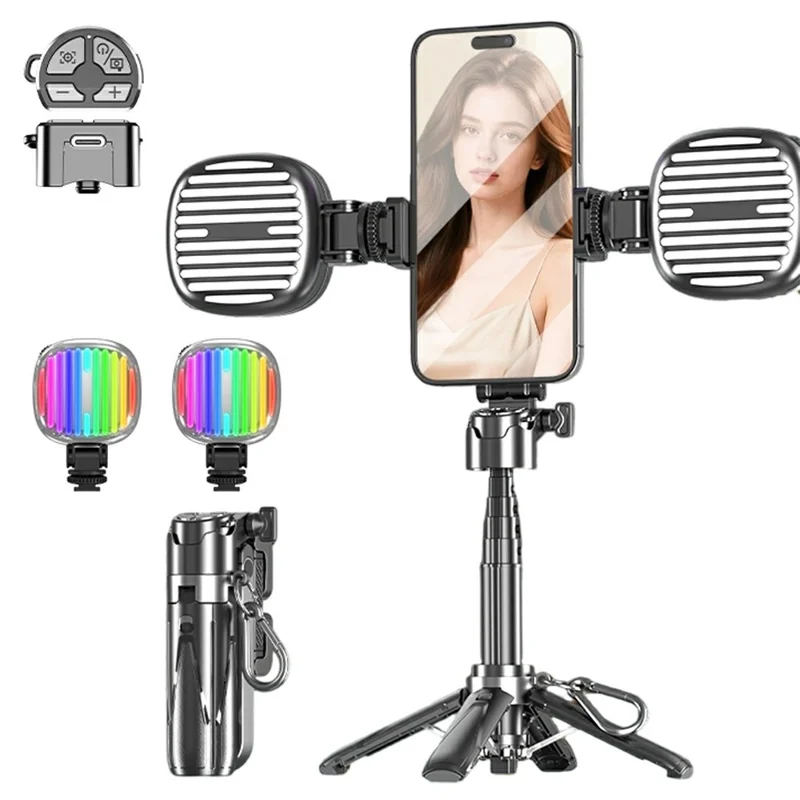 P15-Y Mini Selfie Stick with Dual G Pocket Lights  /  Remote Control, Portable Extendable Phone Tripod Stand - Black