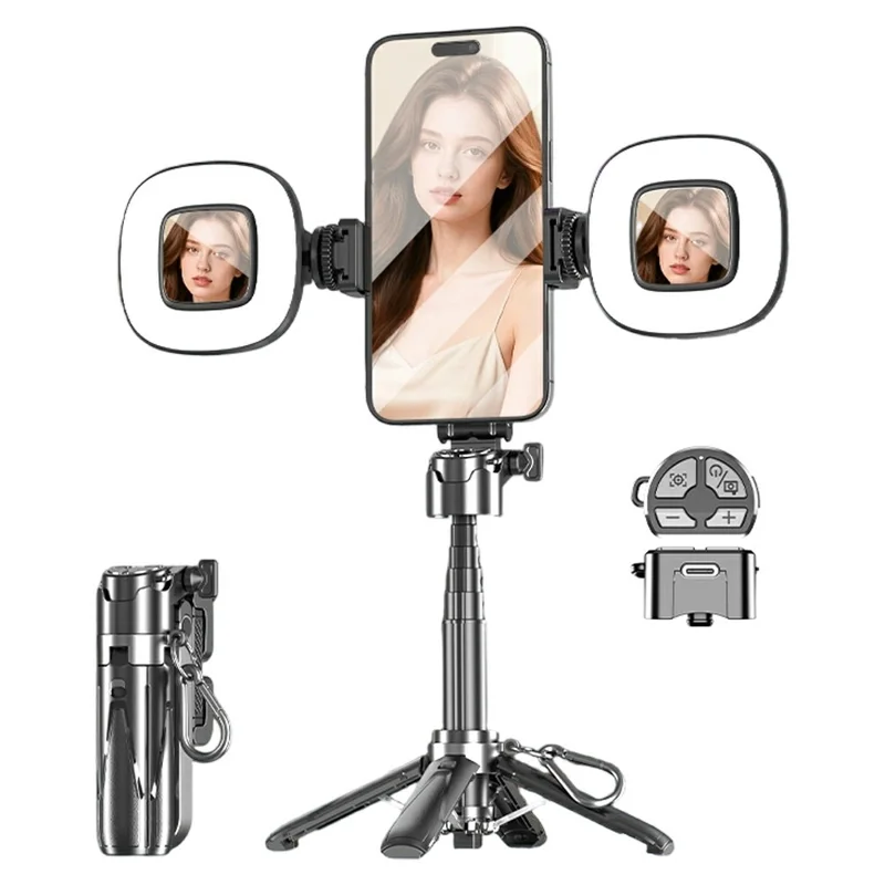 P15-Y Mini Selfie Stick with Dual Square Lights  /  Remote Control, Portable Extendable Phone Tripod Stand - Black