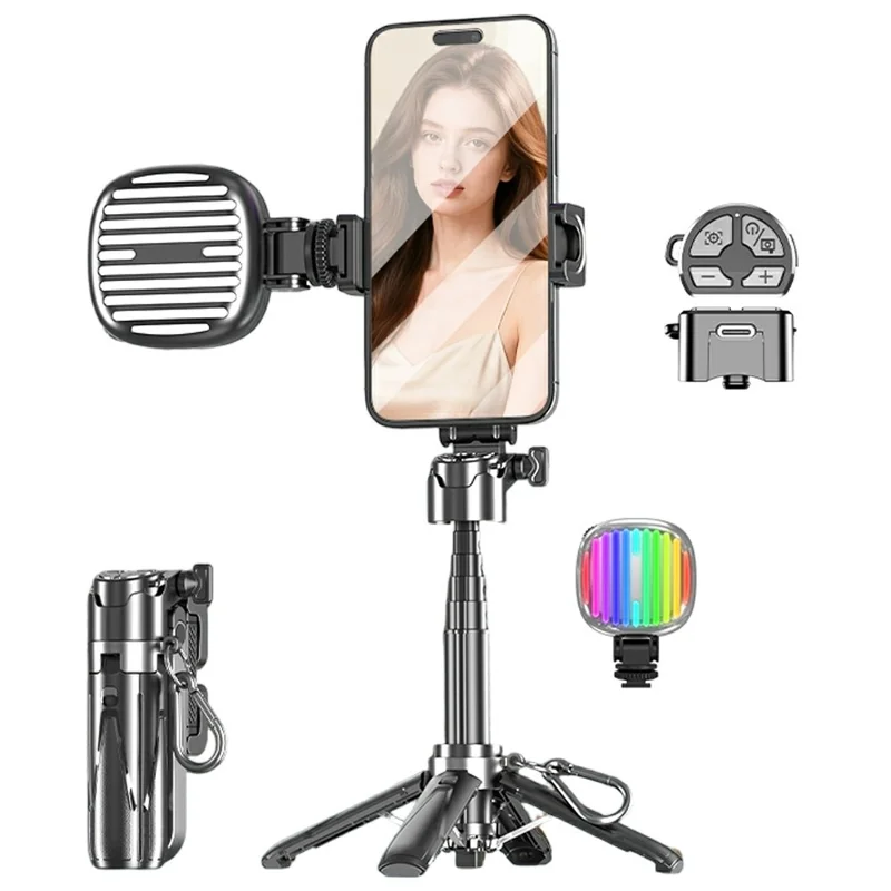 P15-Y Mini Selfie Stick with Single G Pocket Lights  /  Remote Control, Portable Extendable Phone Tripod Stand - Black