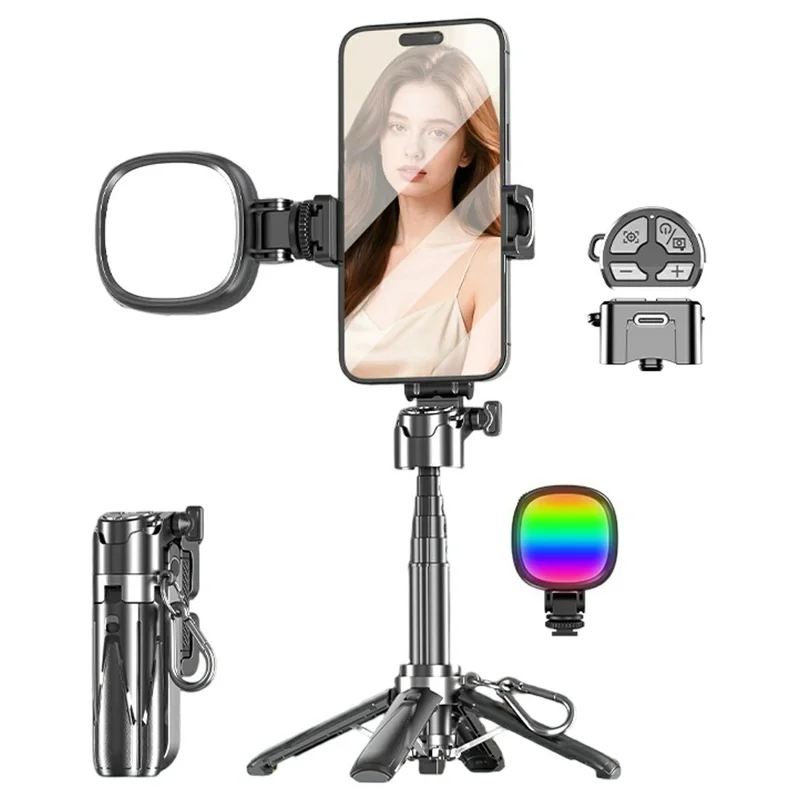 P15-Y Mini Selfie Stick with Single K Pocket Lights / Remote Control, Portable Extendable Phone Tripod Stand - Black