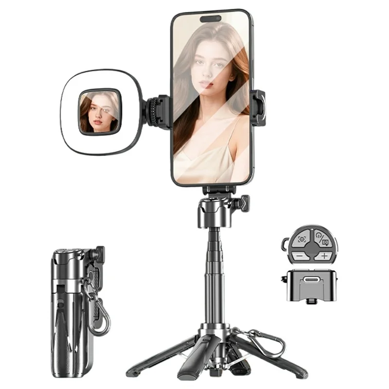 P15-Y Mini Selfie Stick with Single Square Lights  /  Remote Control, Portable Extendable Phone Tripod Stand - Black