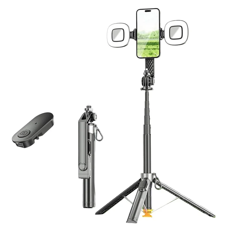 P61 Stretchable Selfie Stick with Dual Square Fill Lights, Auto Pop-Up Cell Phone Tripod Stand Remote Control for Live Streaming / Video Recording