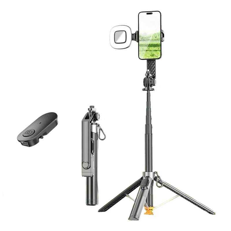 P61 Stretchable Selfie Stick with Square Fill Light, Auto Pop-Up Cell Phone Tripod Stand Remote Control for Live Streaming / Video Recording
