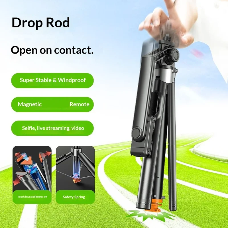 P61 Stretchable Selfie Stick with Square Fill Light, Auto Pop-Up Cell Phone Tripod Stand Remote Control for Live Streaming / Video Recording