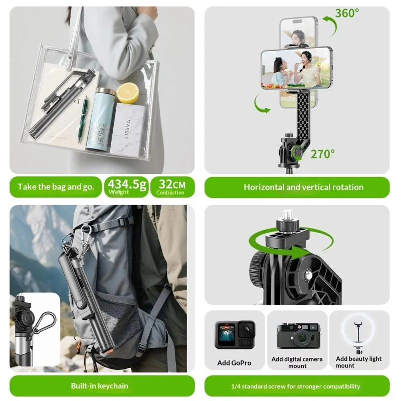 P61 Stretchable Selfie Stick with G-Style Fill Light, Auto Pop-Up Cell Phone Tripod Stand Remote Control for Live Streaming / Video Recording