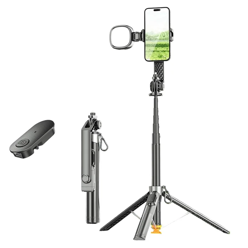 P61 Stretchable Selfie Stick with K-Style Fill Light, Auto Pop-Up Cell Phone Tripod Stand Remote Control for Live Streaming / Video Recording