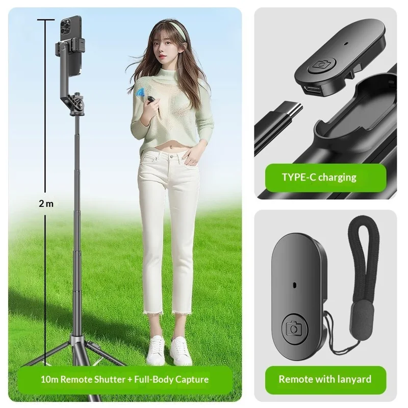 P61 Stretchable Selfie Stick with K-Style Fill Light, Auto Pop-Up Cell Phone Tripod Stand Remote Control for Live Streaming / Video Recording