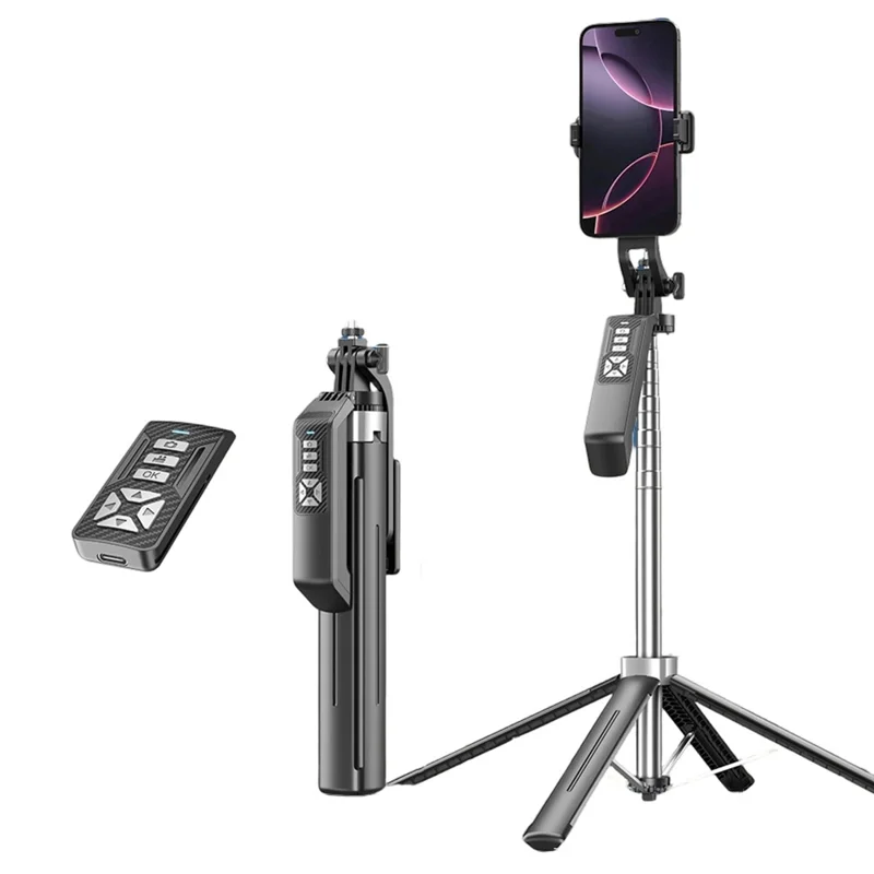 P18TK Monopode Bluetooth avec Pince pour Téléphone, Stabilisateur Anti-flou Portable, Extensible jusqu'à 1,8 m, Trépied à 4 Pieds pour Diffusion en Direct - Noir