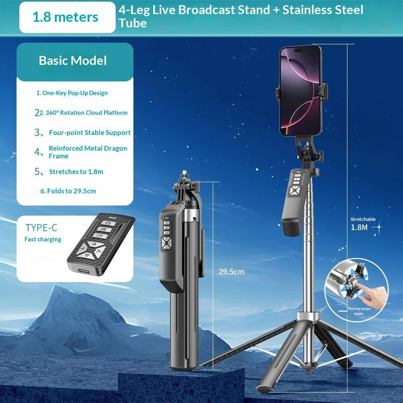 P18TK Monopode Bluetooth avec Pince pour Téléphone, Stabilisateur Anti-flou Portable, Extensible jusqu'à 1,8 m, Trépied à 4 Pieds pour Diffusion en Direct - Noir