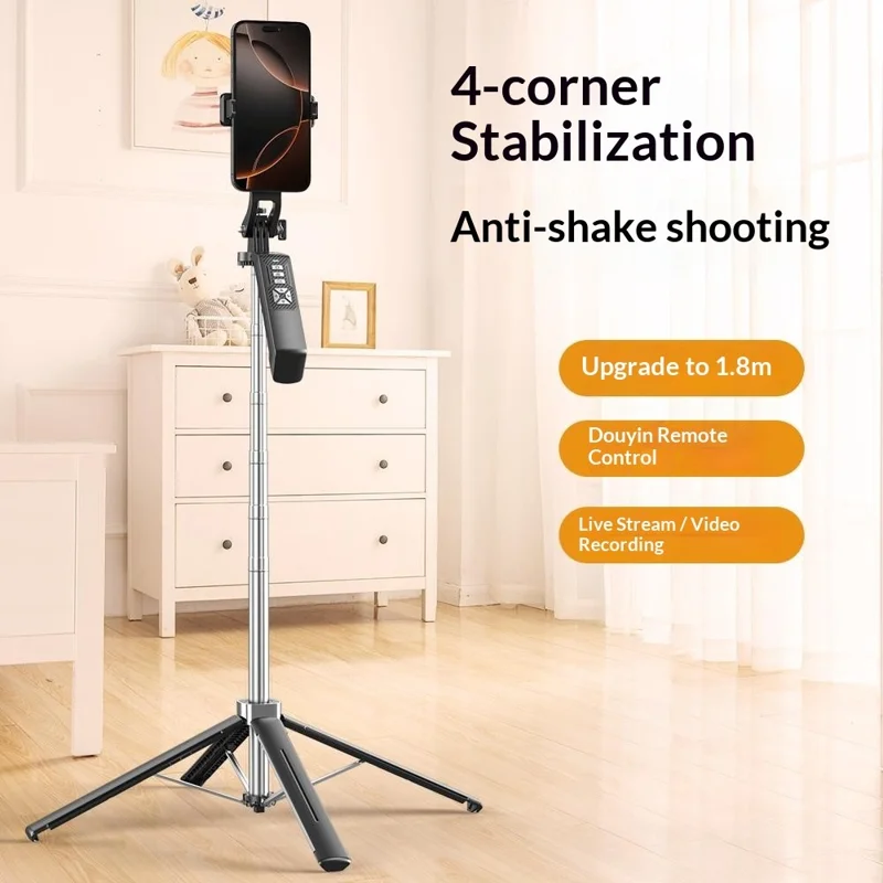 P18TK Monopode Bluetooth avec Pince pour Téléphone, Stabilisateur Anti-flou Portable, Extensible jusqu'à 1,8 m, Trépied à 4 Pieds pour Diffusion en Direct - Noir