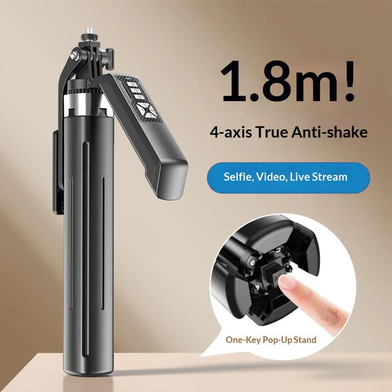 P18TK Selfie Stick con Luz de Relleno Cuadrada Individual, Estabilizador de Mano, Trípode de Emergencia para Transmisiones en Vivo - Negro