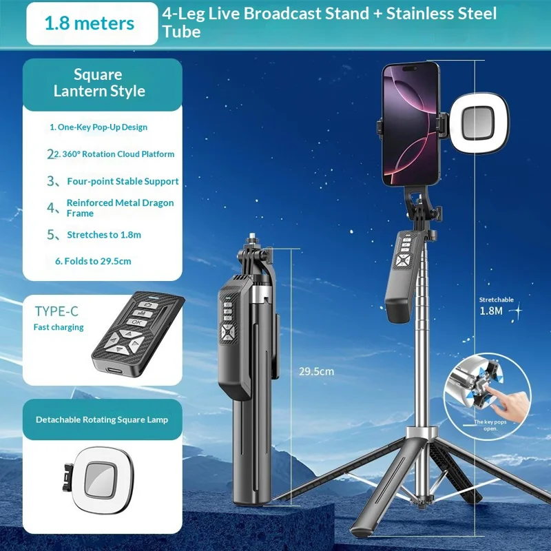 P18TK Selfie Stick con Luz de Relleno Cuadrada Individual, Estabilizador de Mano, Trípode de Emergencia para Transmisiones en Vivo - Negro