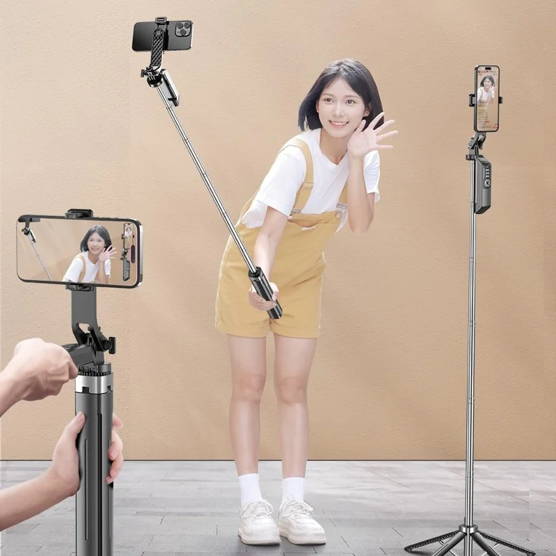 P18TK Selfie Stick con Luz de Relleno Cuadrada Individual, Estabilizador de Mano, Trípode de Emergencia para Transmisiones en Vivo - Negro