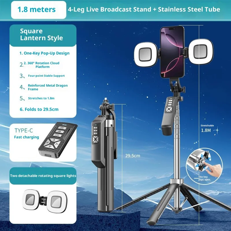 P18TK Selfie Stick con Luz de Relleno Cuadrada Doble, Estabilizador de Mano, Trípode de Emergencia para Transmisiones en Vivo - Negro