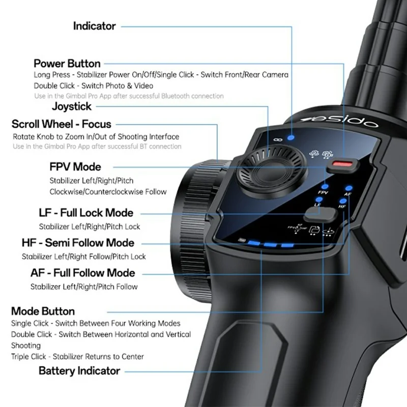 YESIDO SF32-PRO Smartphone Gimbal Stabilizer Bluetooth-Compatible Tripod Stand 3-Axis AI Tracking for Vlogging / Live Streaming / Video Recording - Black