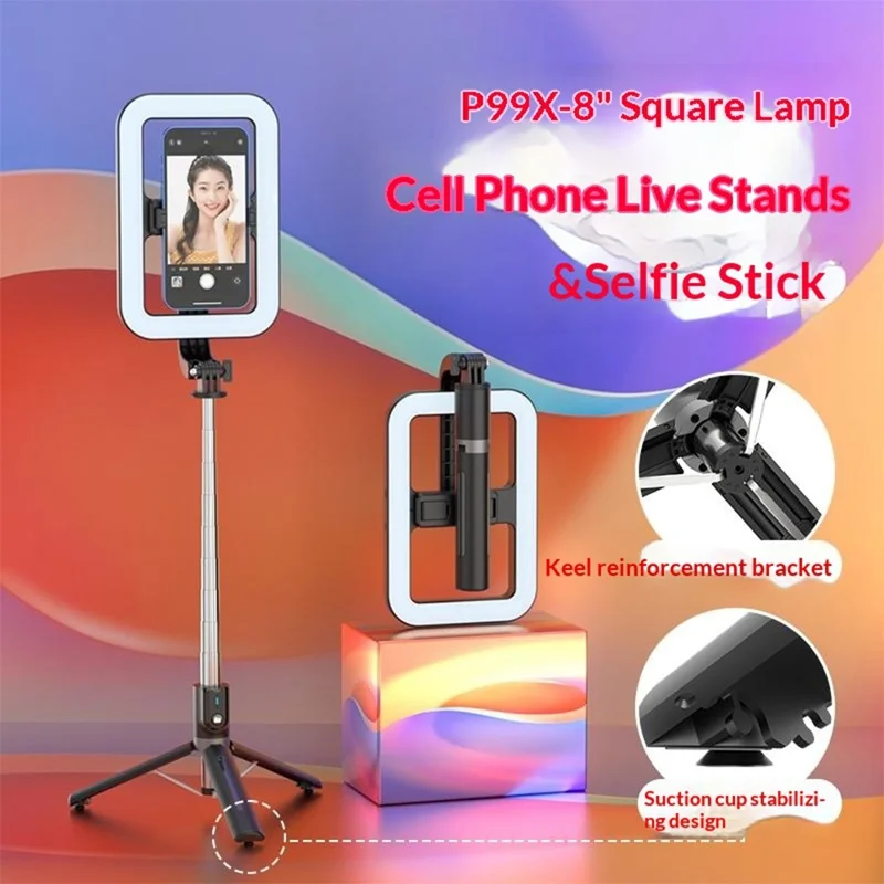 P99X Selfie Stick Tripod Ring Light 360-Degree Rotating 8 inch Square Lamp for Live Streaming  /  Smartphone Photography - Black