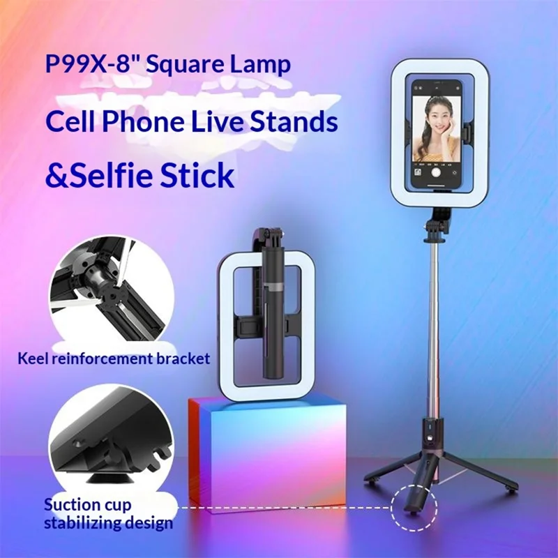 P99X Selfie Stick Tripod Ring Light 360-Degree Rotating 8 inch Square Lamp for Live Streaming  /  Smartphone Photography - Black