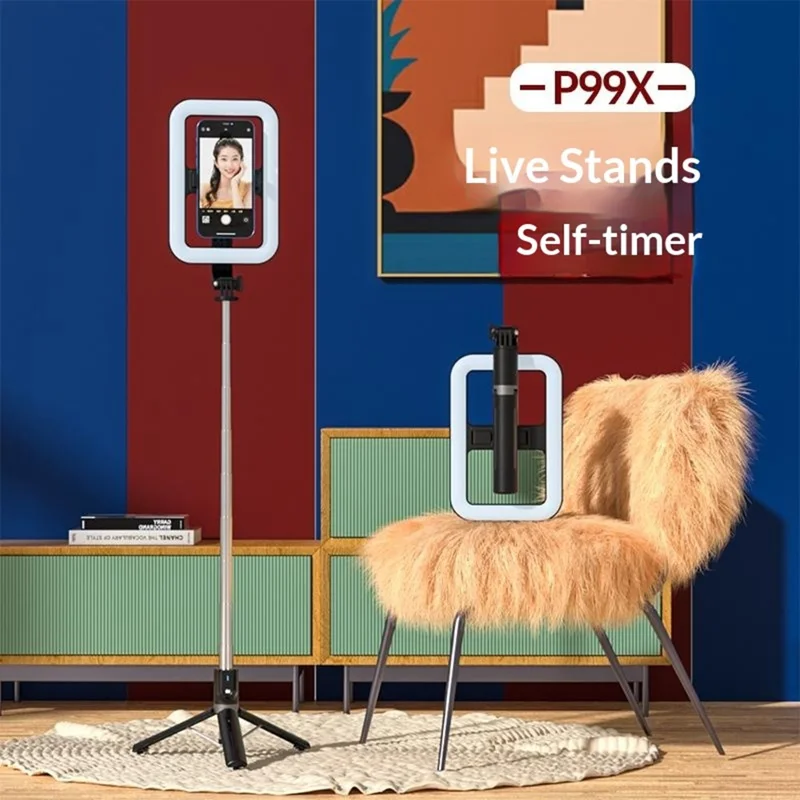 P99X Selfie Stick Tripod Ring Light 360-Degree Rotating 8 inch Square Lamp for Live Streaming  /  Smartphone Photography - Black