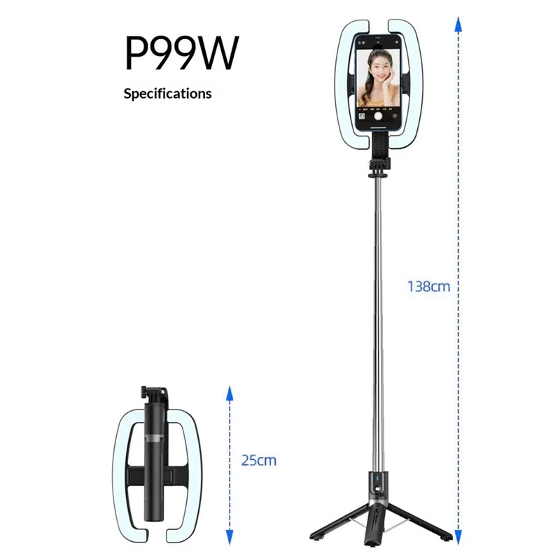 P99W Selfie Stick Ring Light Phone Tripod Stand Remote Control Beauty Fill Light for Live Streaming - Black