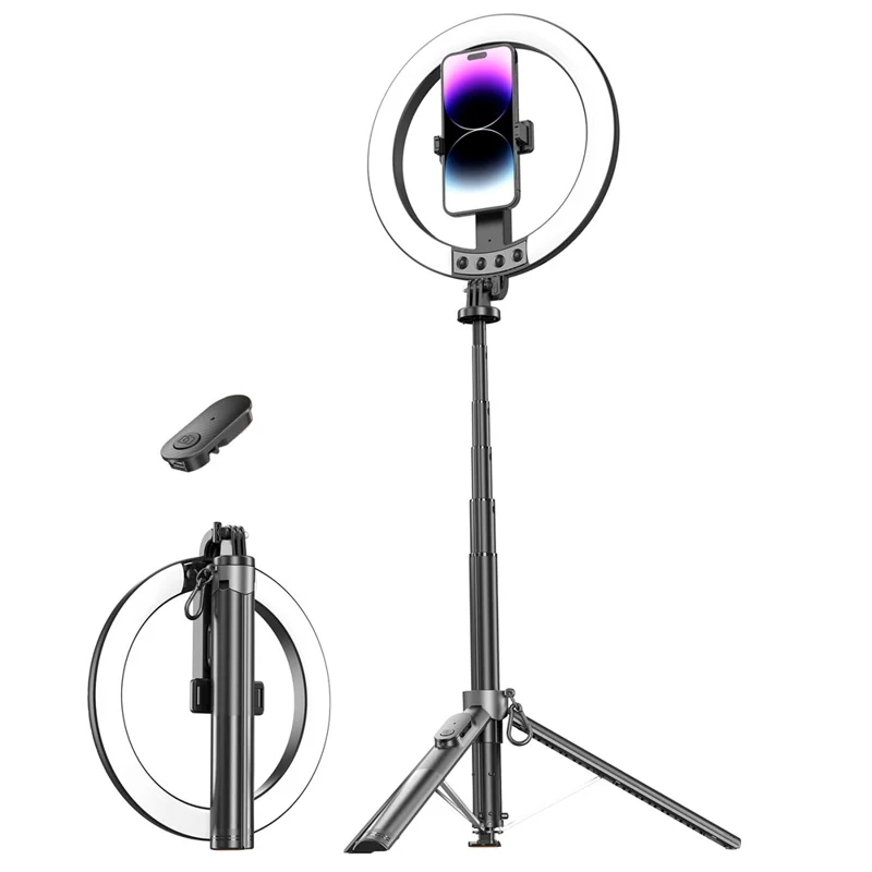P61Q Live Streaming Selfie Stick Tripod Lamp 10 Inch Ring Light with Remote for Photography / Video Recording - Black